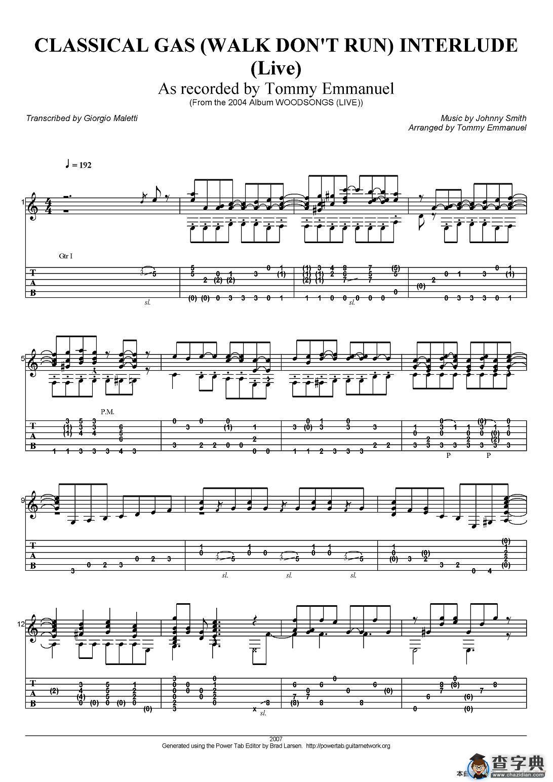 tommy emmanuel：classical gas（walk dont run）interlude吉他谱