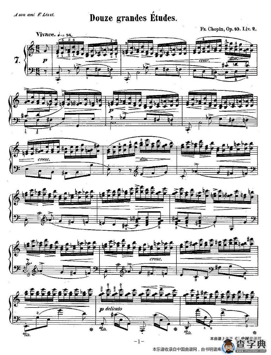 肖邦钢琴练习曲，Op.10之七钢琴谱