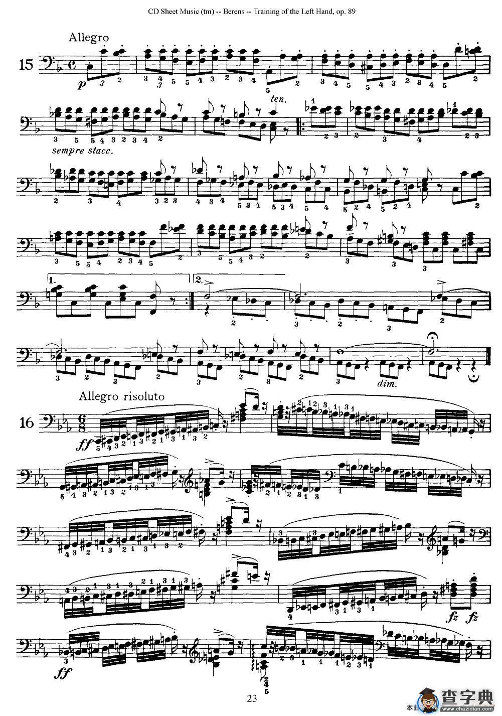 贝伦斯钢琴（左手训练）练习曲（下册25首）钢琴谱