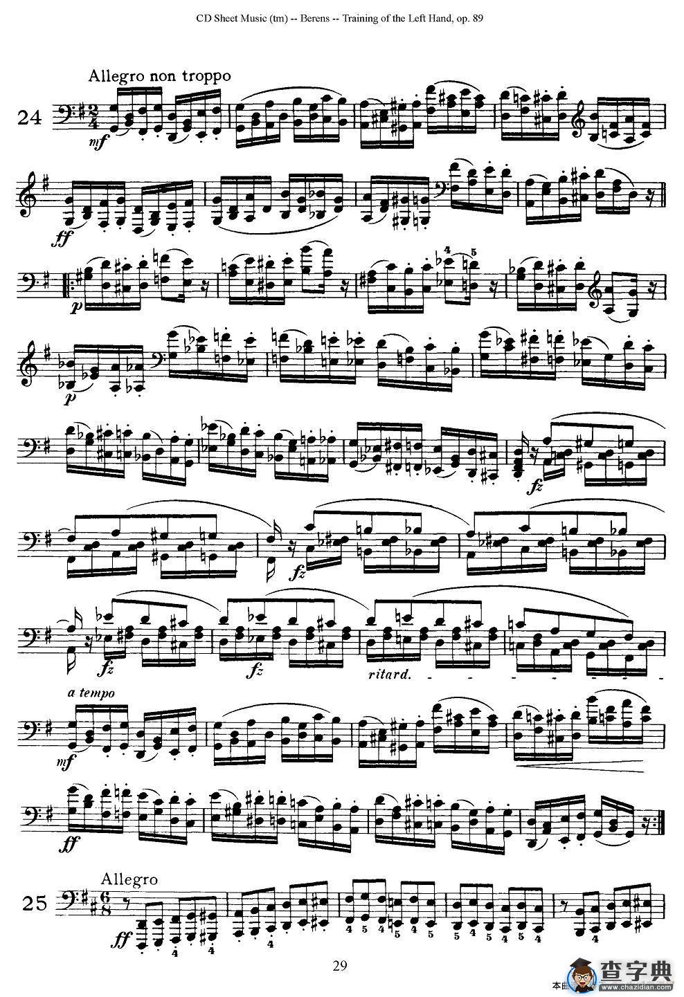 贝伦斯钢琴（左手训练）练习曲（下册25首）钢琴谱