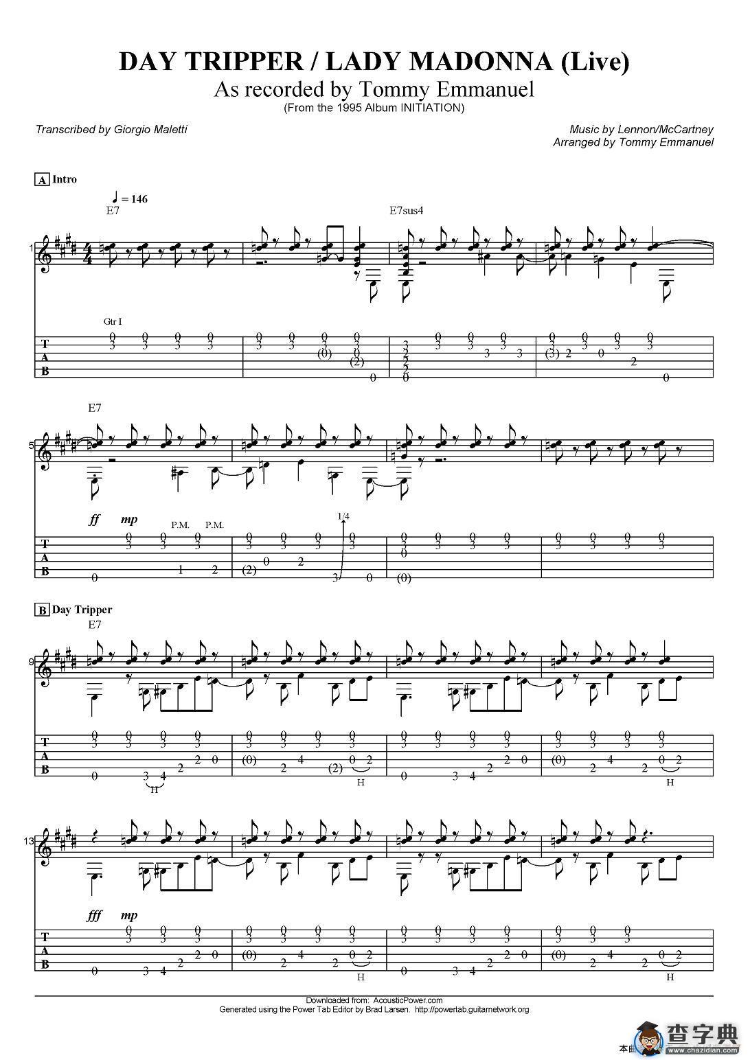 tommy emmanuel:day tripper/lady madonna（指弹吉他）吉他谱