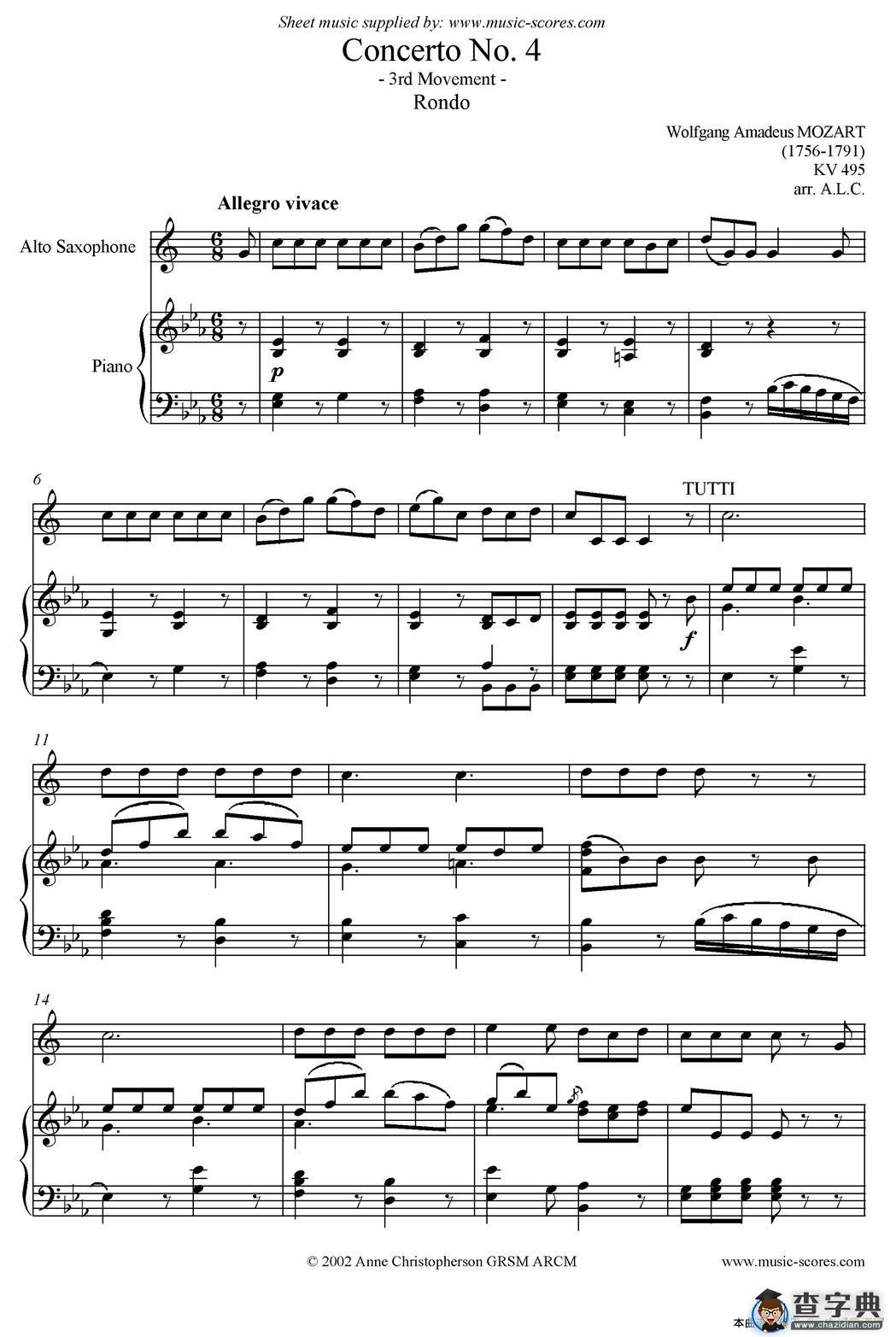 Mozart：Concerto KV495 No.4-3st Rondo 回旋曲（中音萨克斯+钢琴伴奏）萨克斯谱
