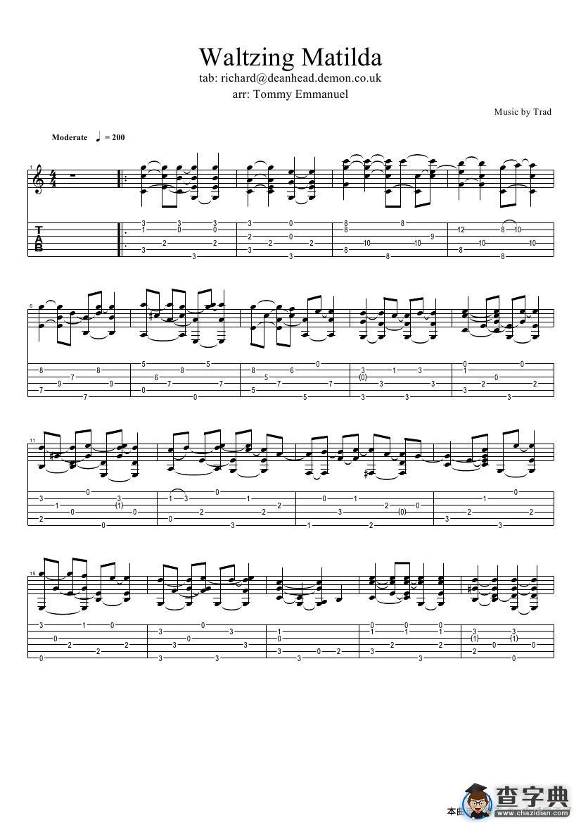 tommy emmanuel：waltzing matilda（指弹吉它）吉他谱