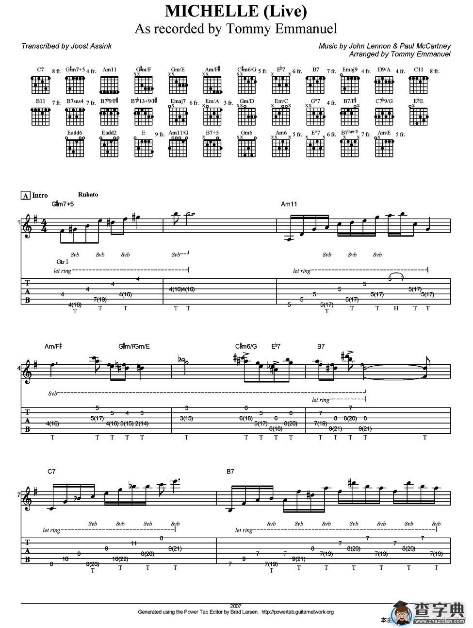 tommy emmanuel：michelle （live）（指弹吉他）吉他谱