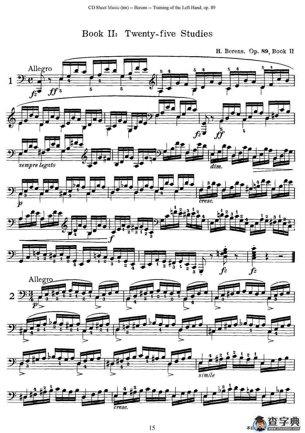 贝伦斯钢琴（左手训练）练习曲（下册25首）钢琴谱