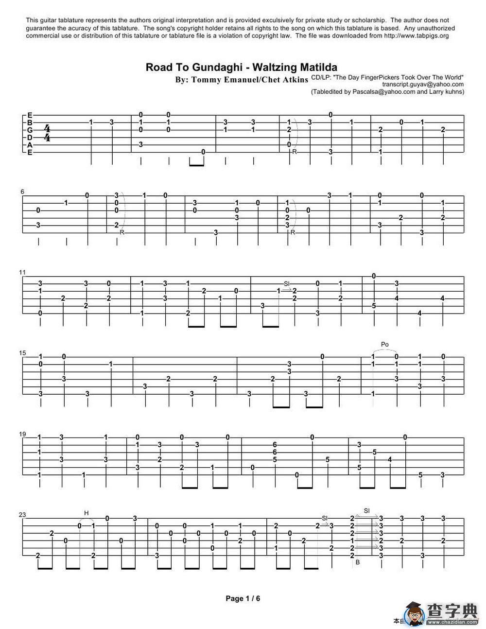 tommy emmanuel： road to gundaghi waltzing matilda（指弹吉它）吉他谱