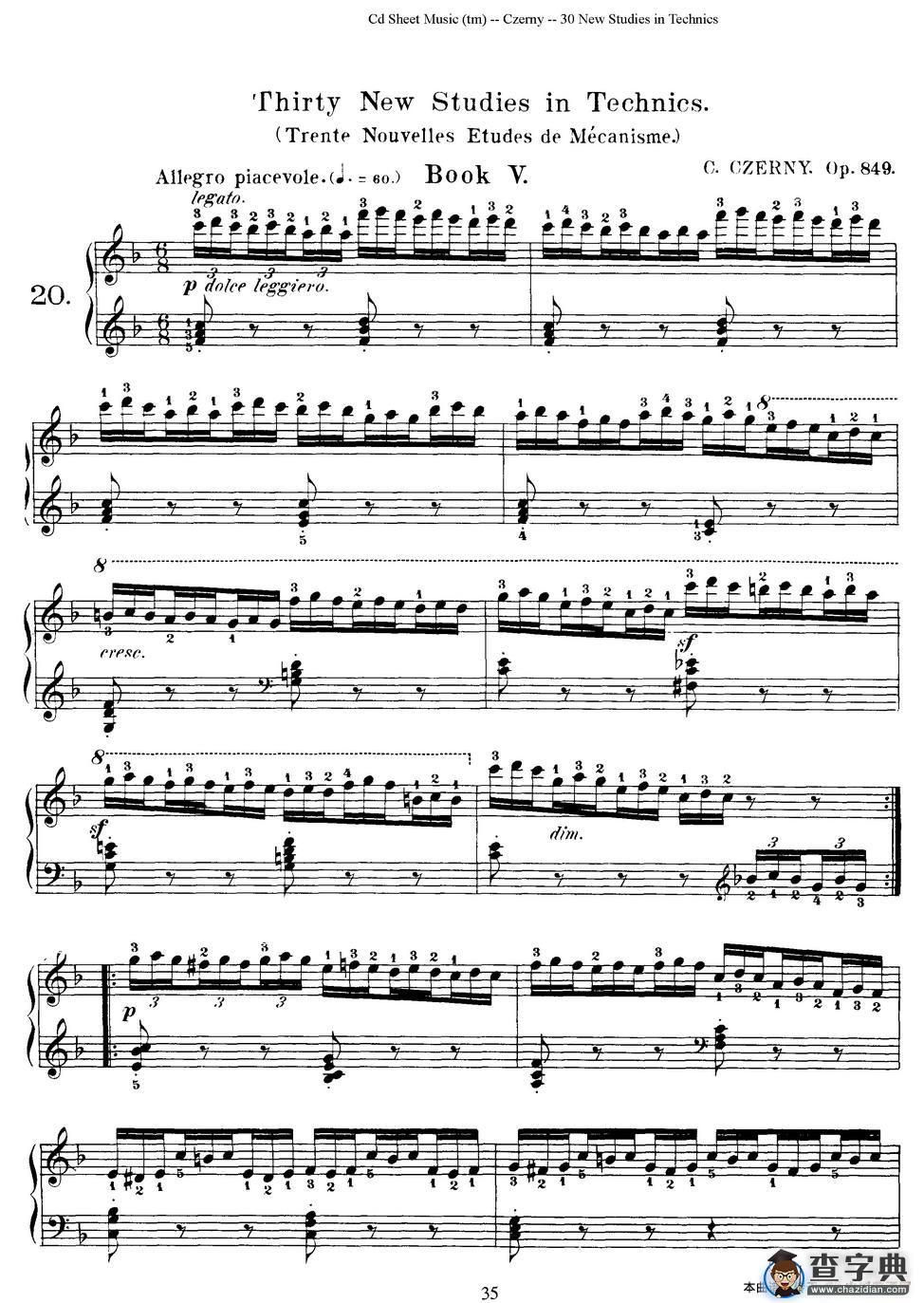 Czerny - 30 New Studies - 20（车尔尼Op849 - 30首练习曲）钢琴谱