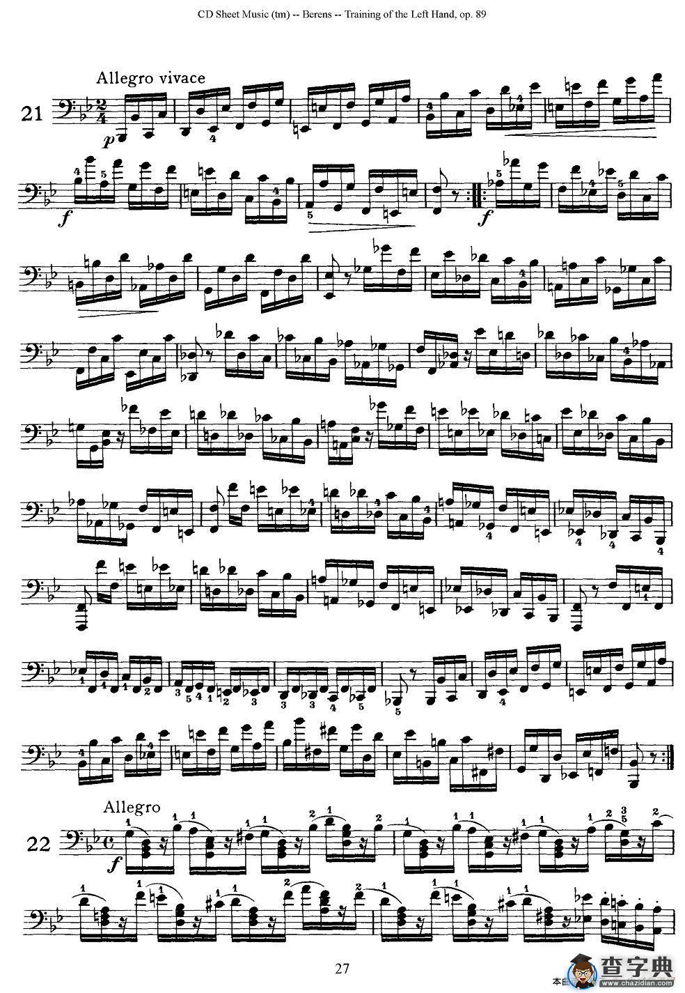 贝伦斯钢琴（左手训练）练习曲（下册25首）钢琴谱