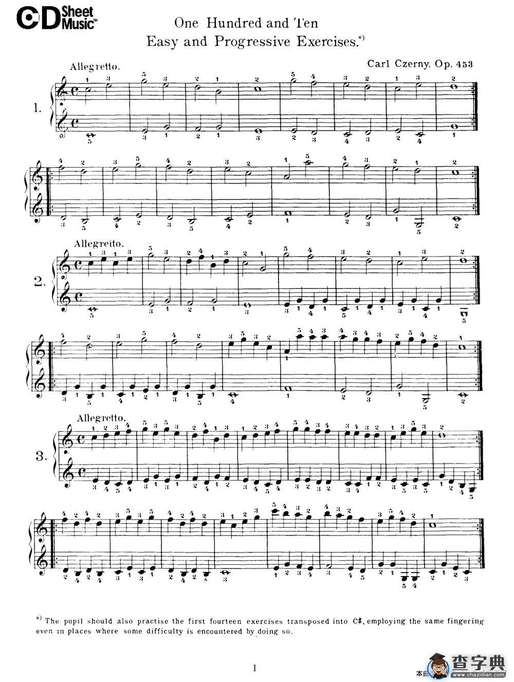 One Hundred and Ten Easy and Progressive Exercises Op.453（车尔尼110首简易练习曲 1——10）钢琴谱