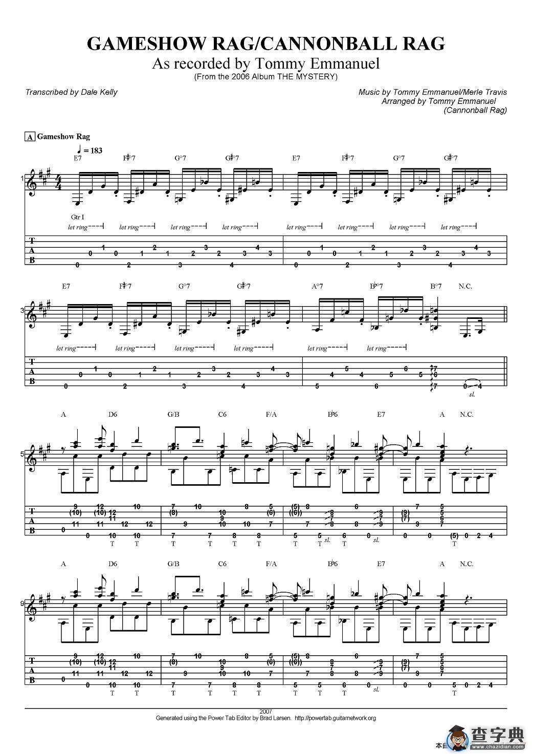 tommy emmanuel：gameshow rag/cannonball rag（指弹吉他）吉他谱