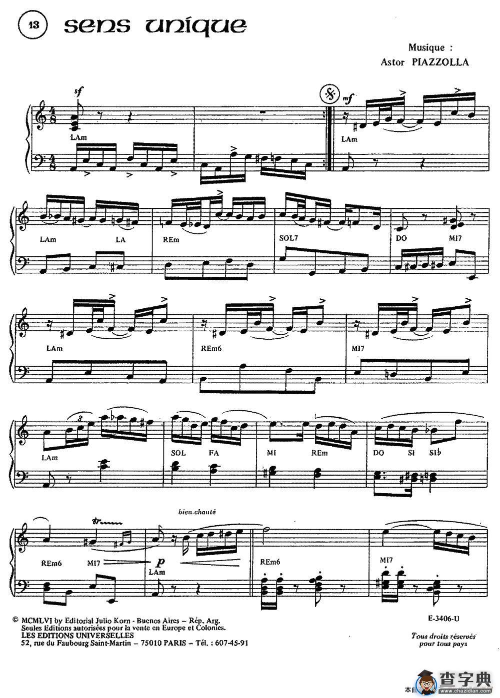 Piazzolla合集：13、Sens Unique手风琴谱/简谱