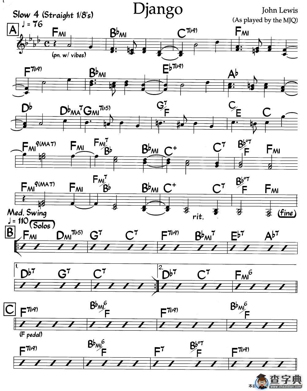 Django（爵士钢琴曲）钢琴谱