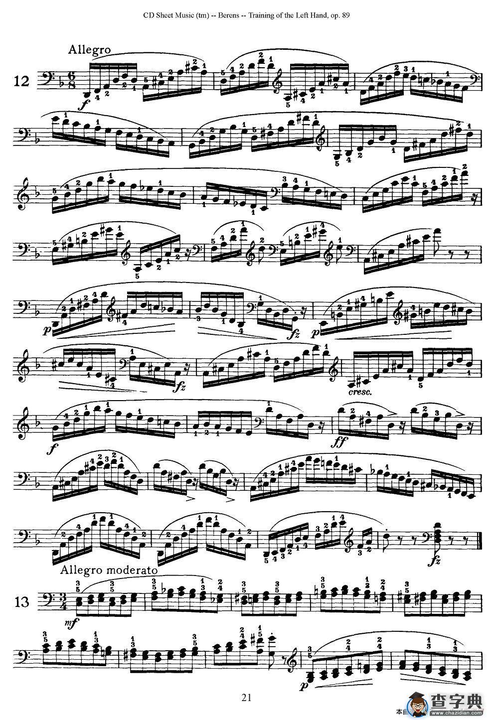 贝伦斯钢琴（左手训练）练习曲（下册25首）钢琴谱