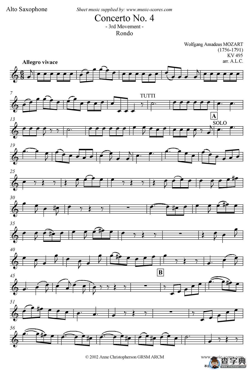 Mozart：Concerto KV495 No.4-3st Rondo 回旋曲（中音萨克斯）萨克斯谱