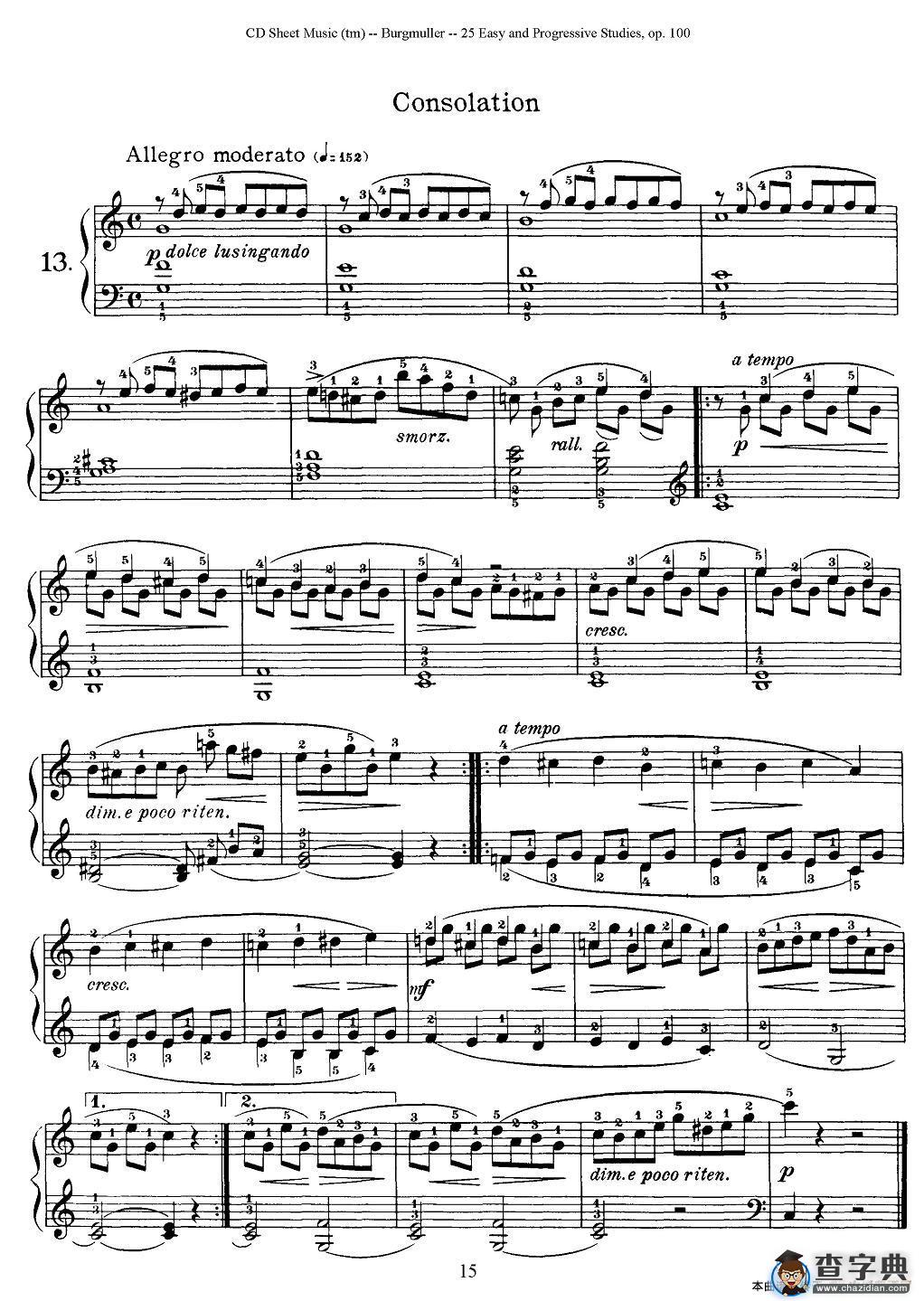 布尔格缪勒-25首钢琴进阶练习曲 Op.100（13、安慰）钢琴谱