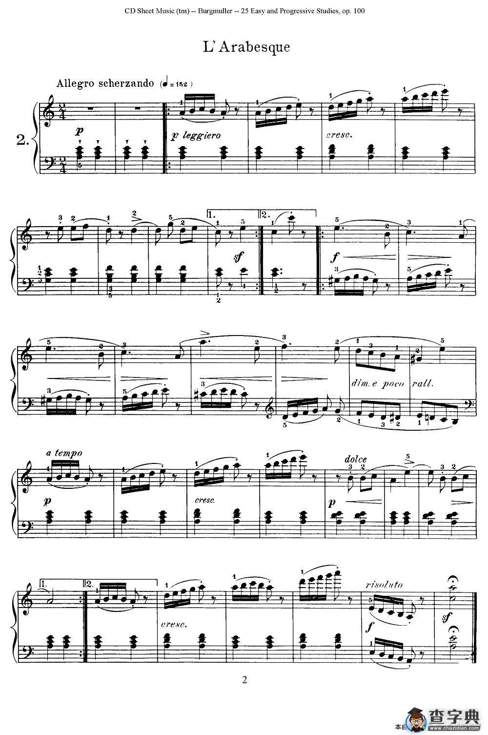 布尔格缪勒-25首钢琴进阶练习曲 Op.100（2、阿拉伯风格曲）钢琴谱