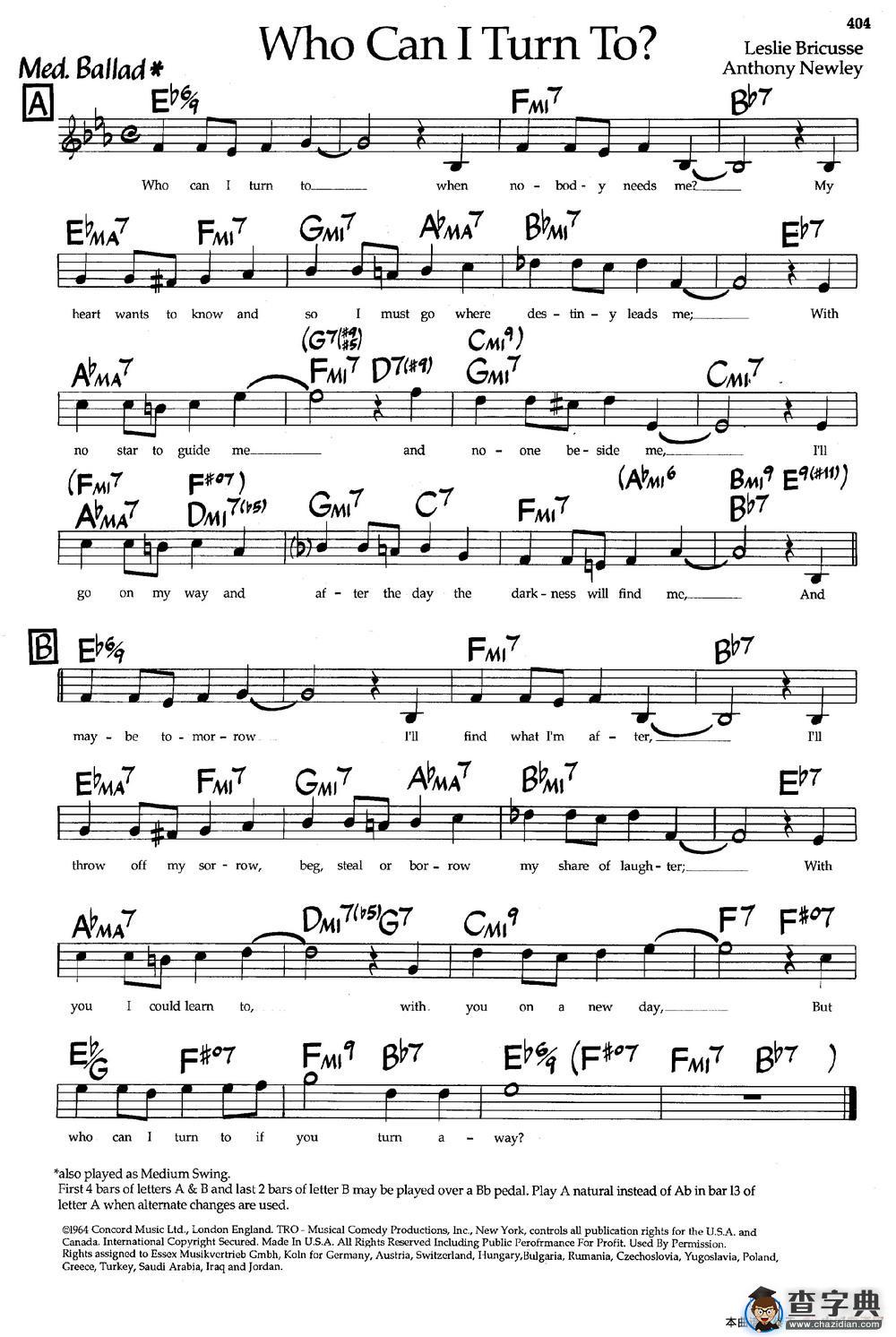 Who can Turn To?（爵士钢琴曲）钢琴谱