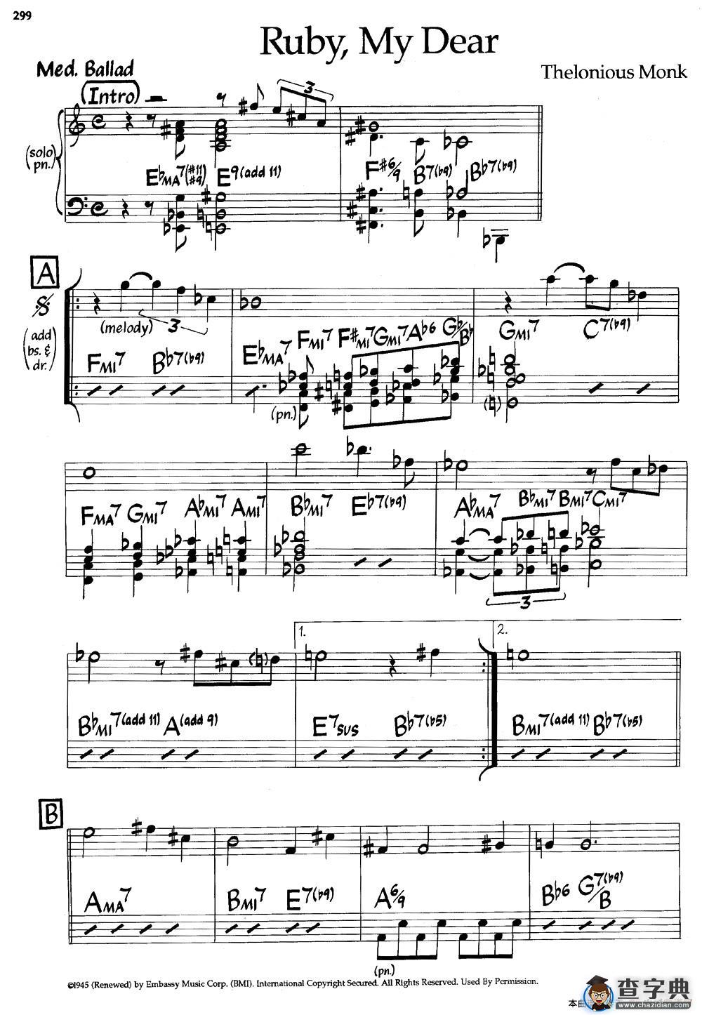 Ruby,My Dear（爵士钢琴曲）钢琴谱