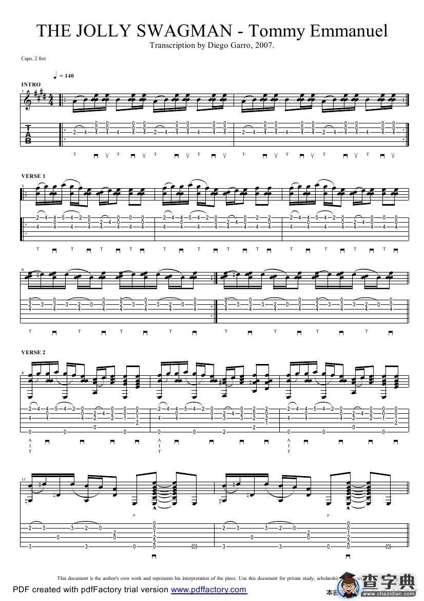 tommy emmanuel：the jolly swagman（指弹吉它）吉他谱