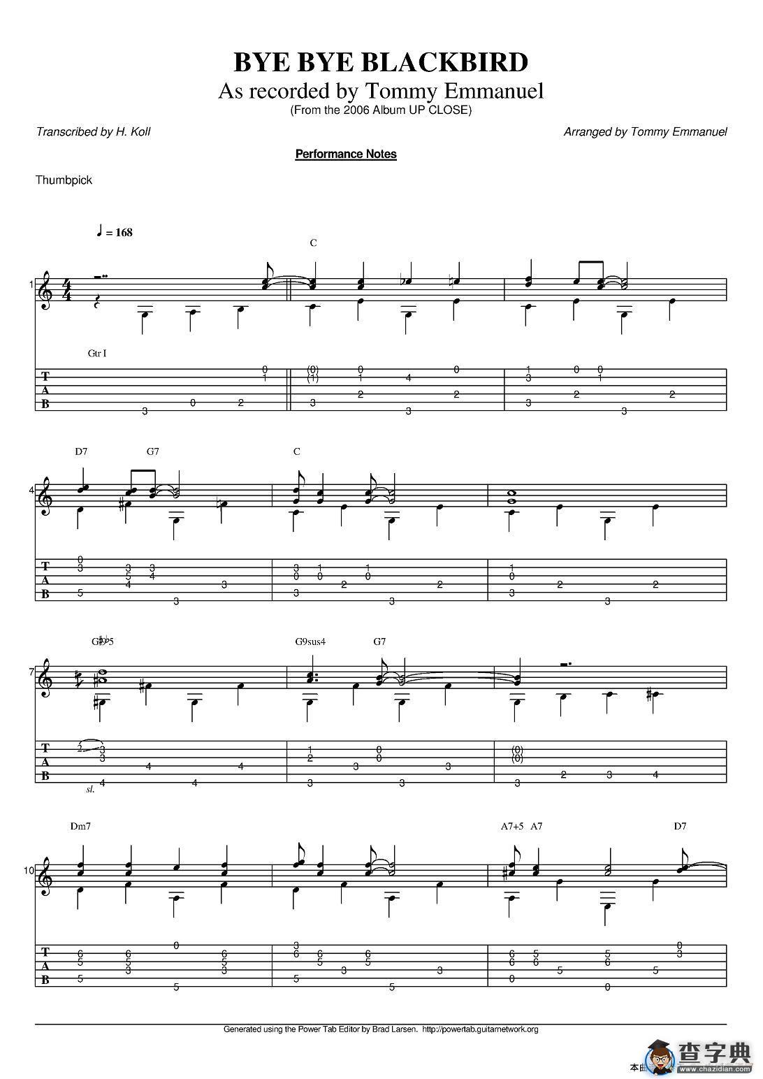 tommy emmanuel：bye bye blackbird（指弹吉他）吉他谱
