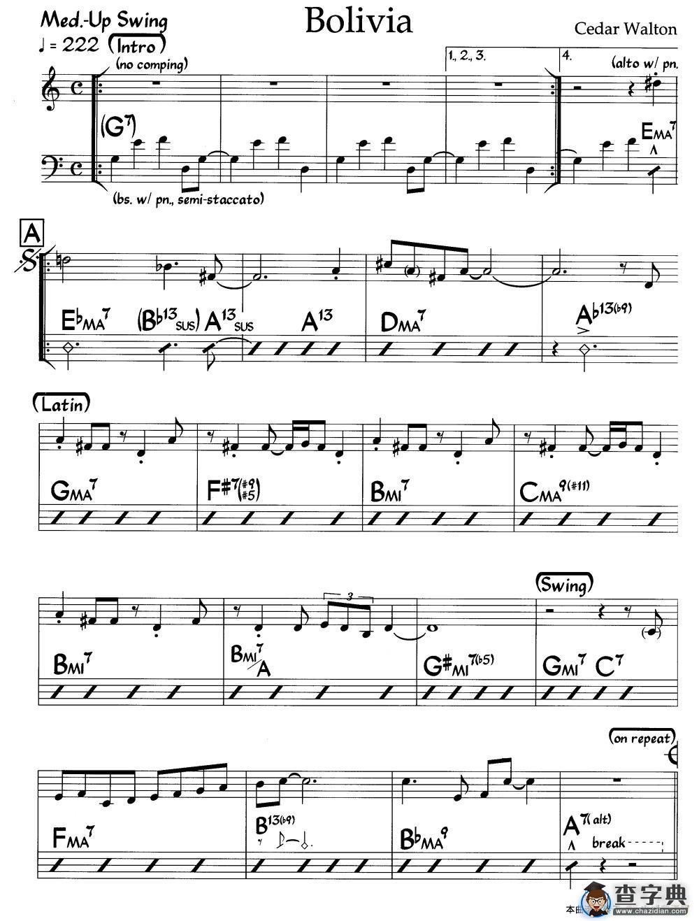 Bolivia（玻利维亚）（爵士钢琴曲）钢琴谱
