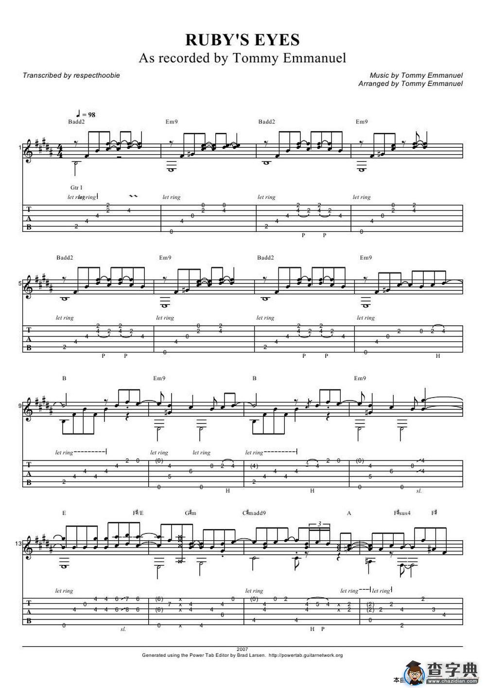 tommy emmanuel： rubys eyes（指弹吉它）吉他谱