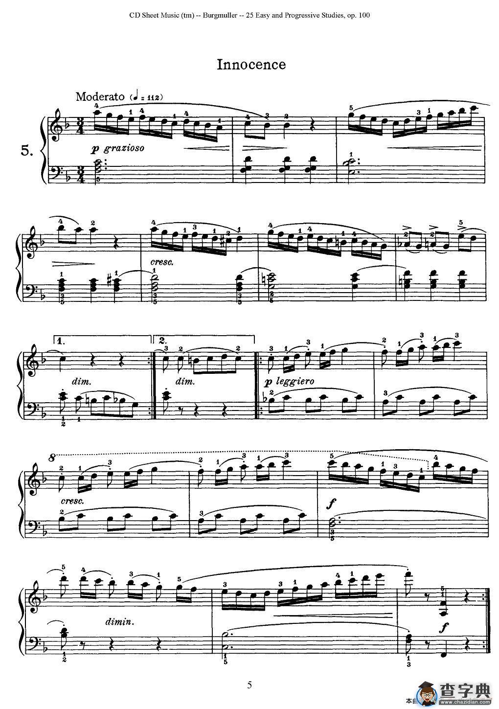 布尔格缪勒-25首钢琴进阶练习曲 Op.100（5、天真烂漫）钢琴谱