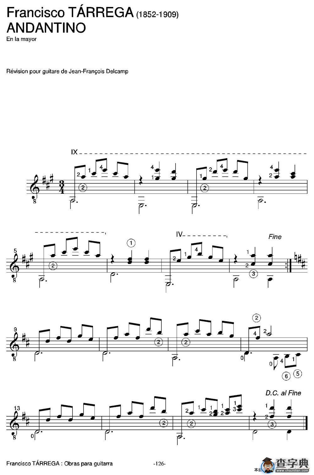 ANDANTINO(En la mayor)（古典吉他）吉他谱