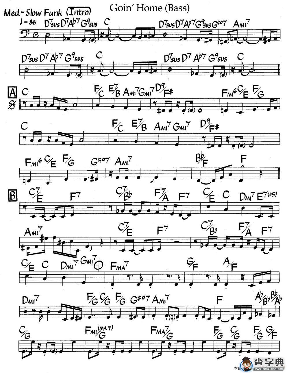 Goin Home(Bass)（爵士钢琴曲）钢琴谱