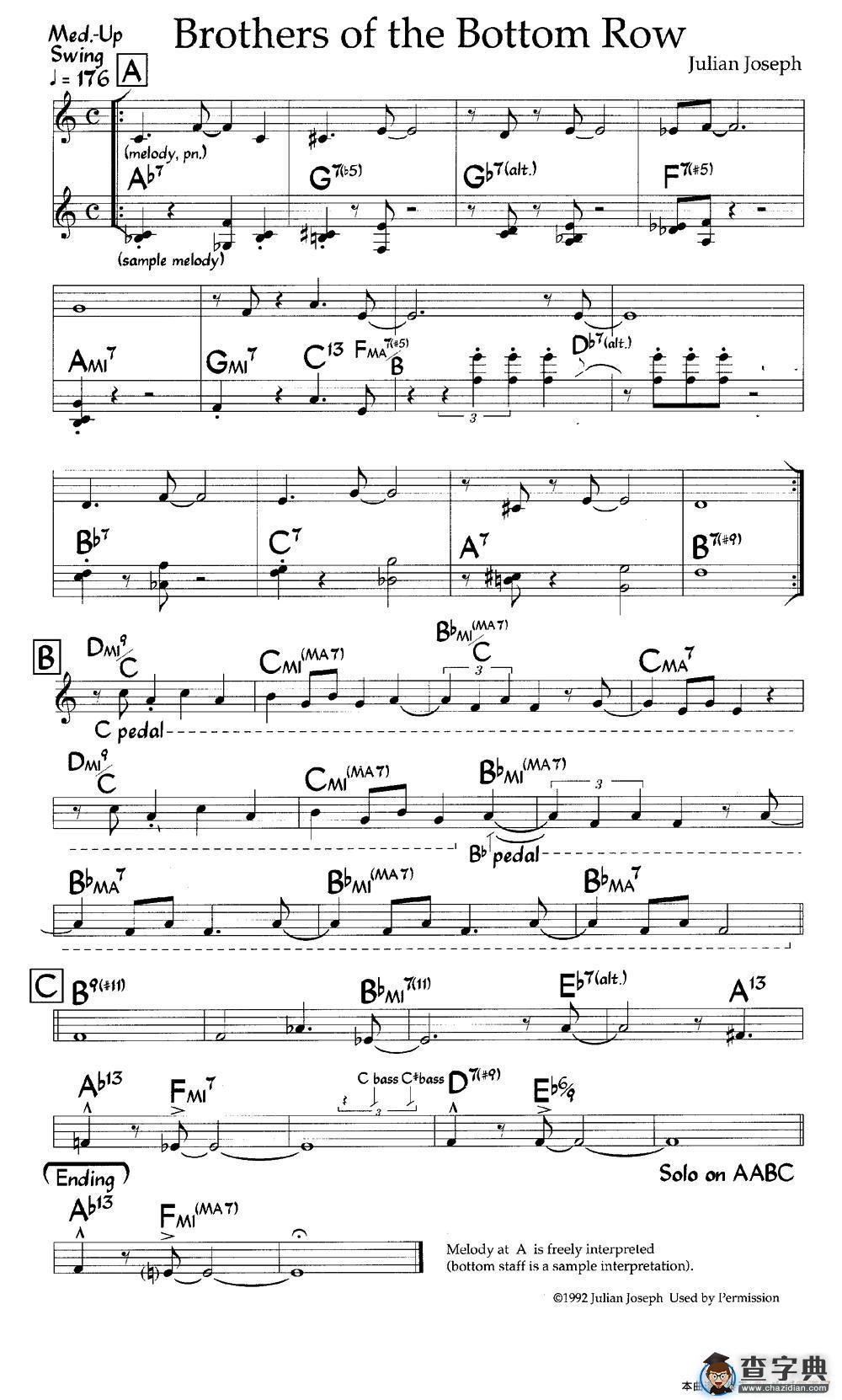Brothers of the Bottom Row（爵士钢琴曲）钢琴谱