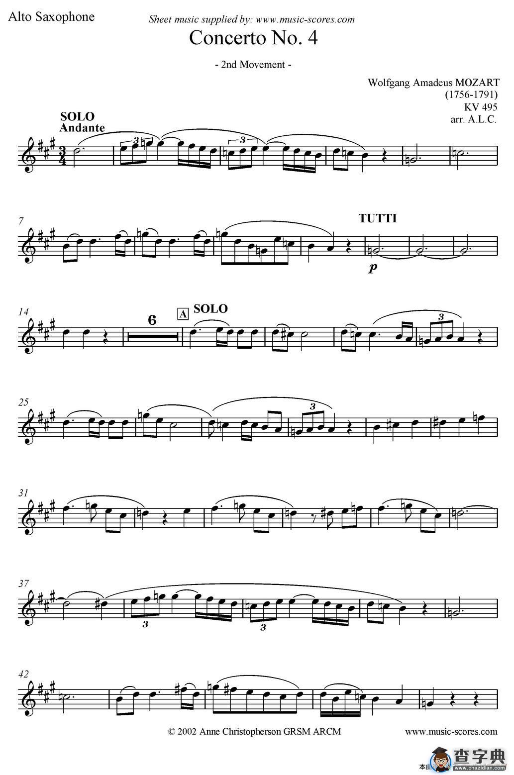 Mozart：Concerto KV495 No.4-2st（高音萨克斯）萨克斯谱