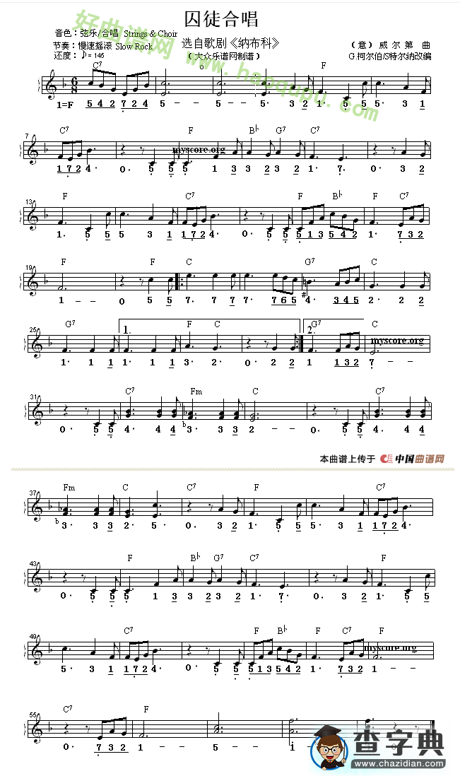 《囚徒合唱》（线简谱混排版）