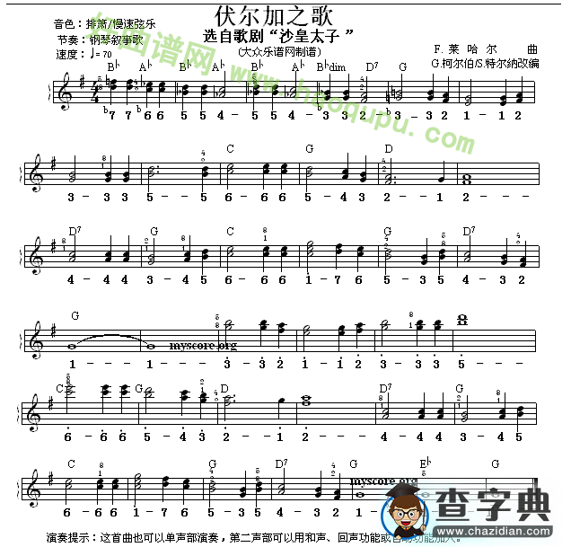 《伏尔加之歌》（线简谱混排版）
