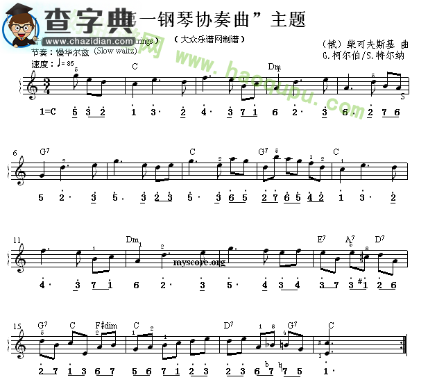 《第一钢琴协奏曲主题》（双谱式电子琴谱）