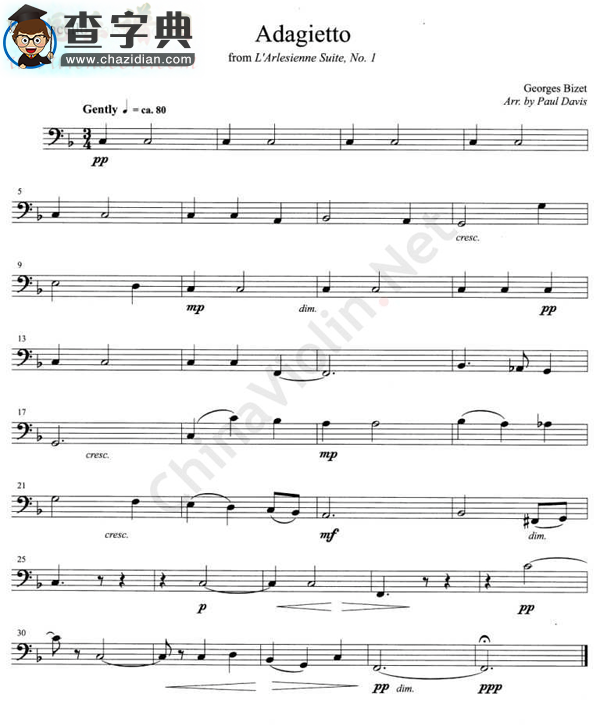 比捷《adagietto》from l`arlesiesienne suite,no.1 大提琴小提琴谱