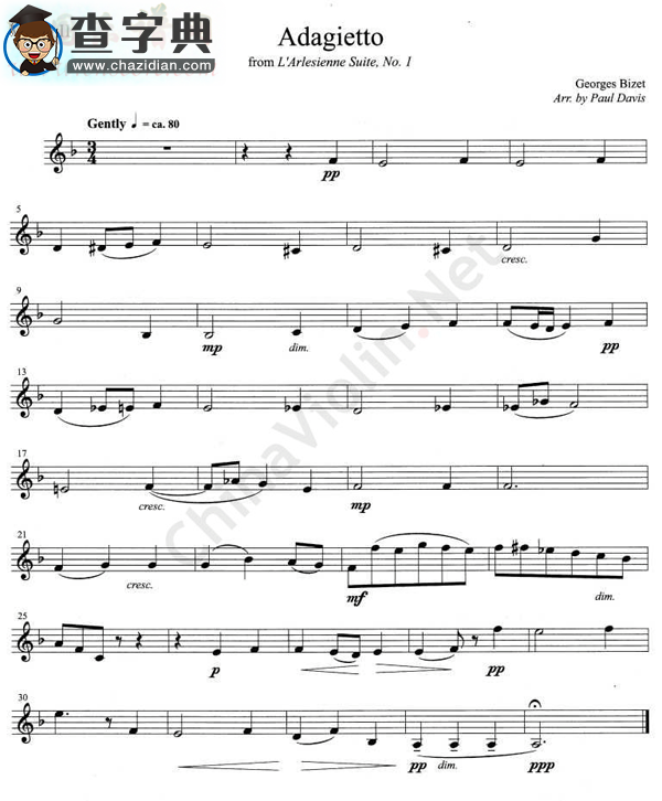 比捷《adagietto》from l`arlesiesienne suite,no.1 第二小提琴小提琴谱