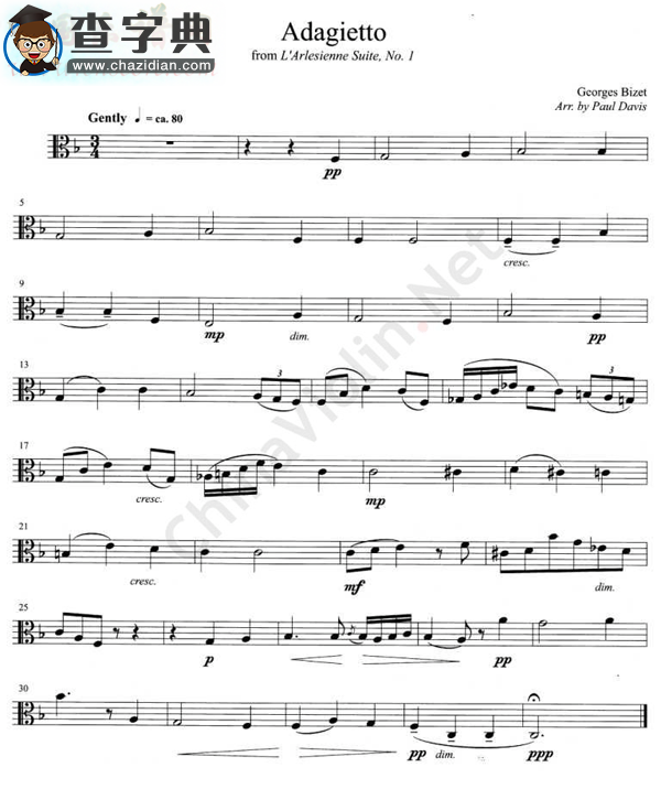 比捷《adagietto》from l`arlesiesienne suite,no.1 中提琴小提琴谱