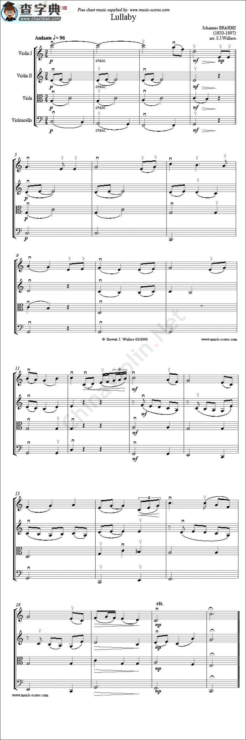 勃拉姆斯摇篮曲四重奏谱小提琴谱
