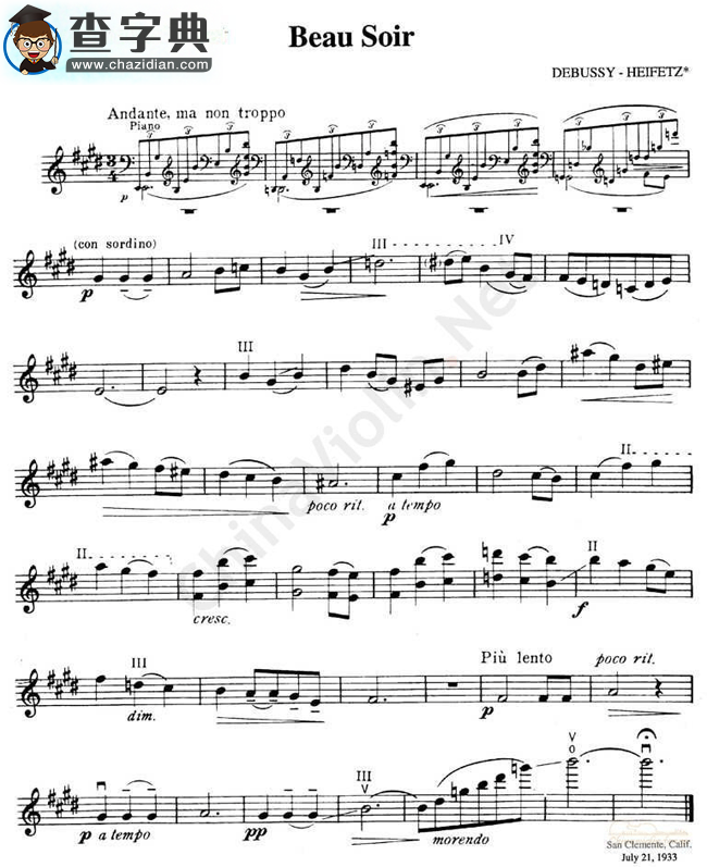 海菲茨-debussy《beau soir》小提琴谱