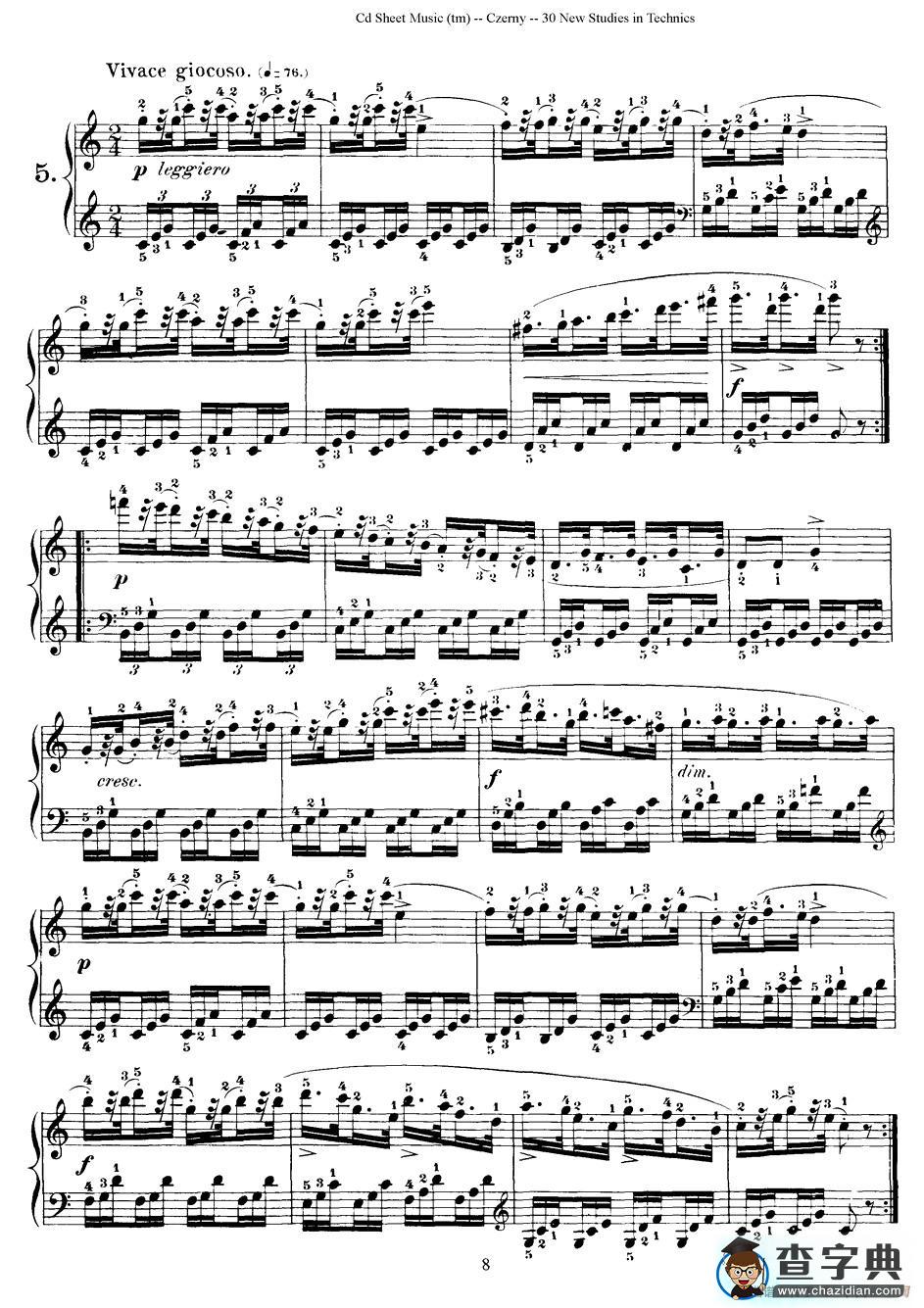 Czerny - 30 New Studies - 5（车尔尼Op849 - 30首练习曲）钢琴谱