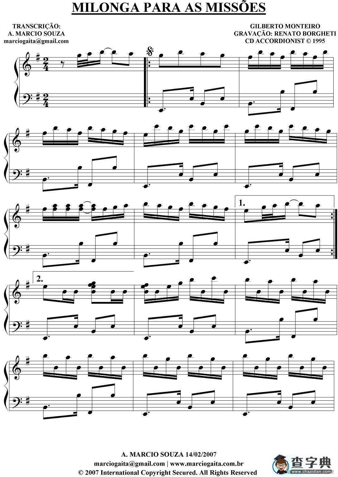 Milonga Para As Missoes （秋日起舞）手风琴谱/简谱