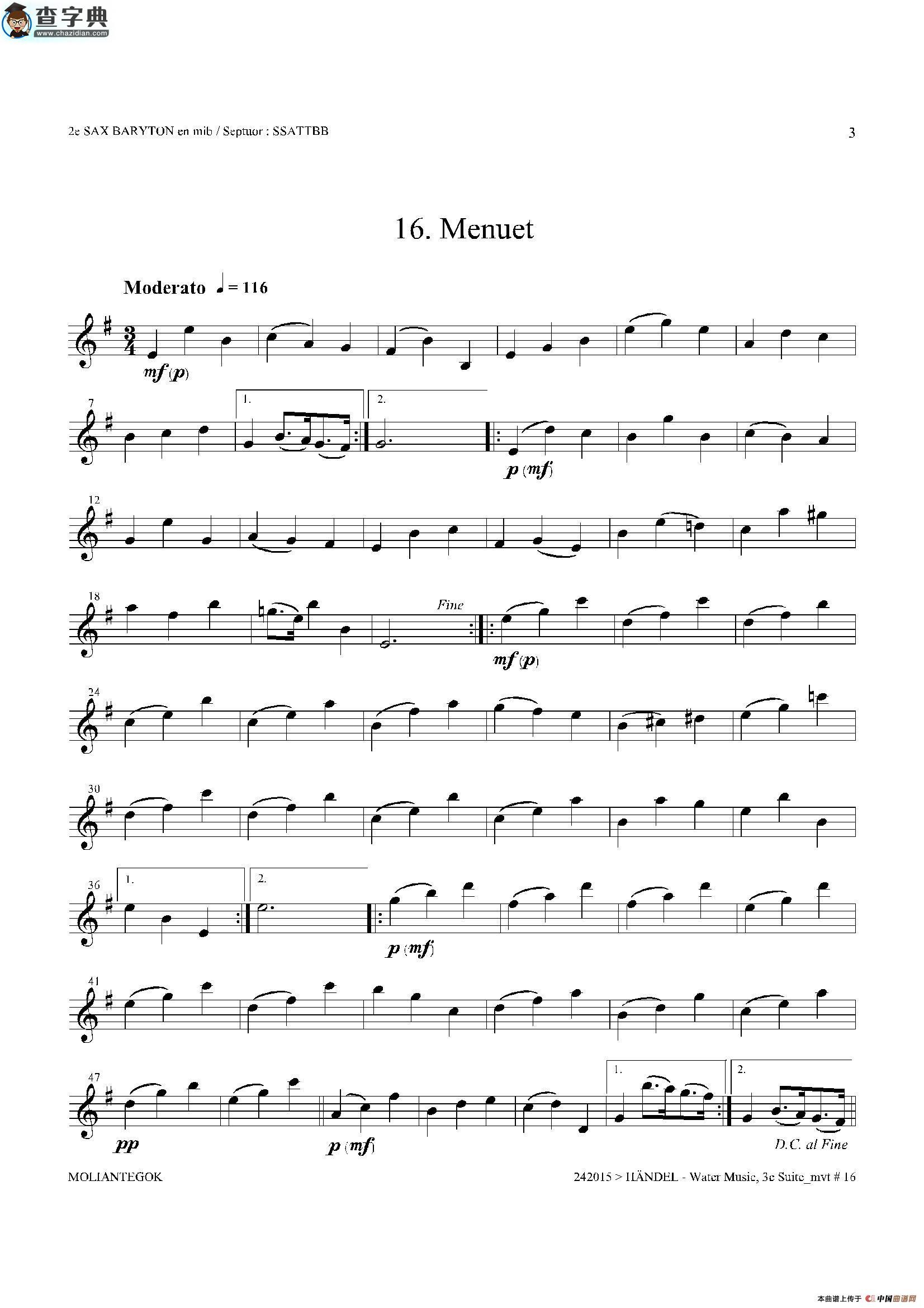 water music（hwv.350 no.3）（第二上低音萨克斯）萨克斯谱