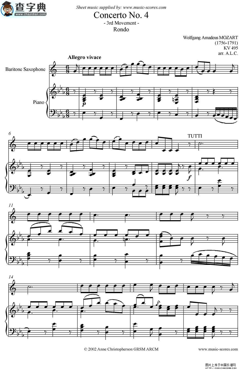 Mozart：Concerto KV495 No.4-3st Rondo 回旋曲萨克斯谱