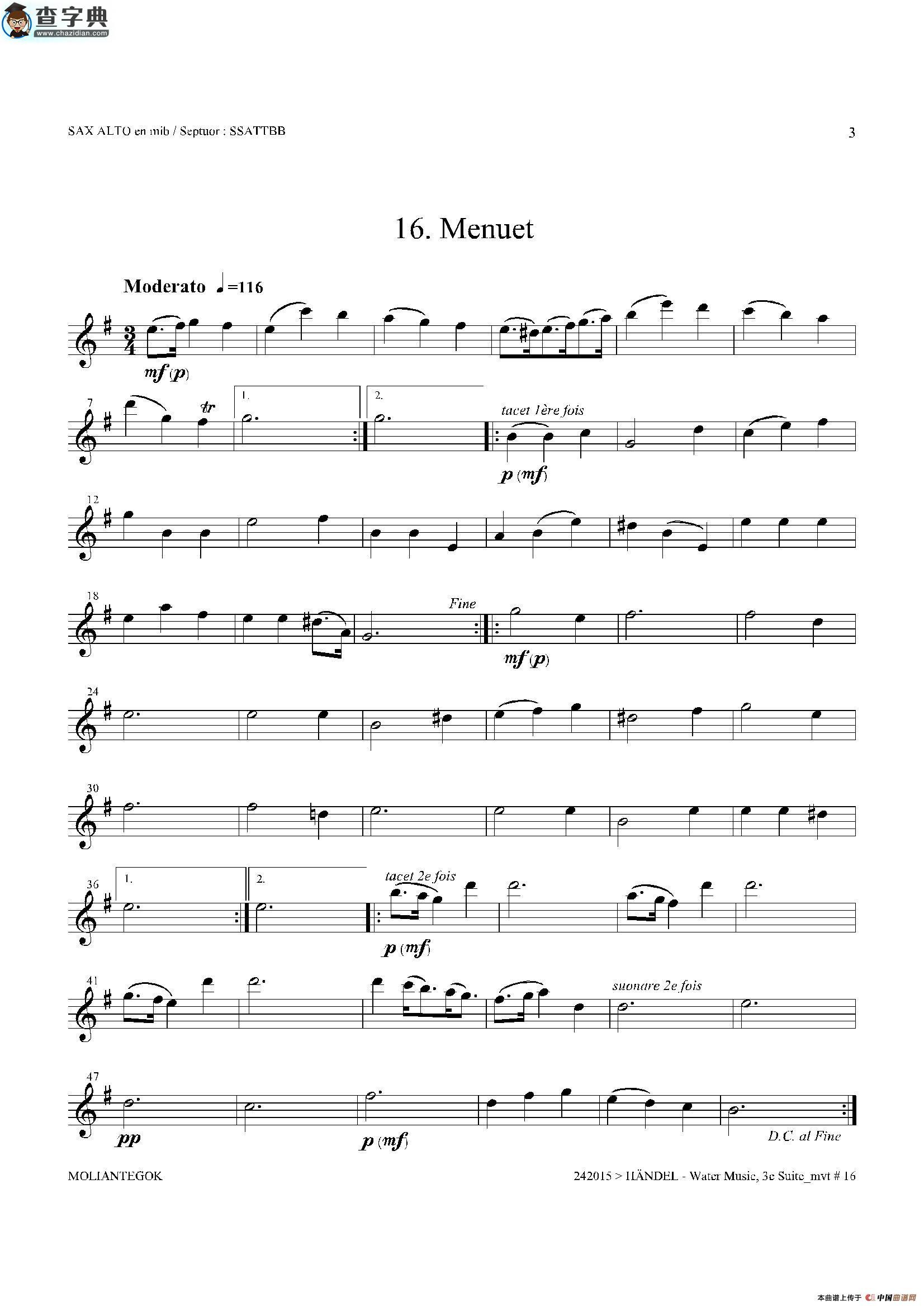 water music（hwv.350 no.3）（中音萨克斯）萨克斯谱