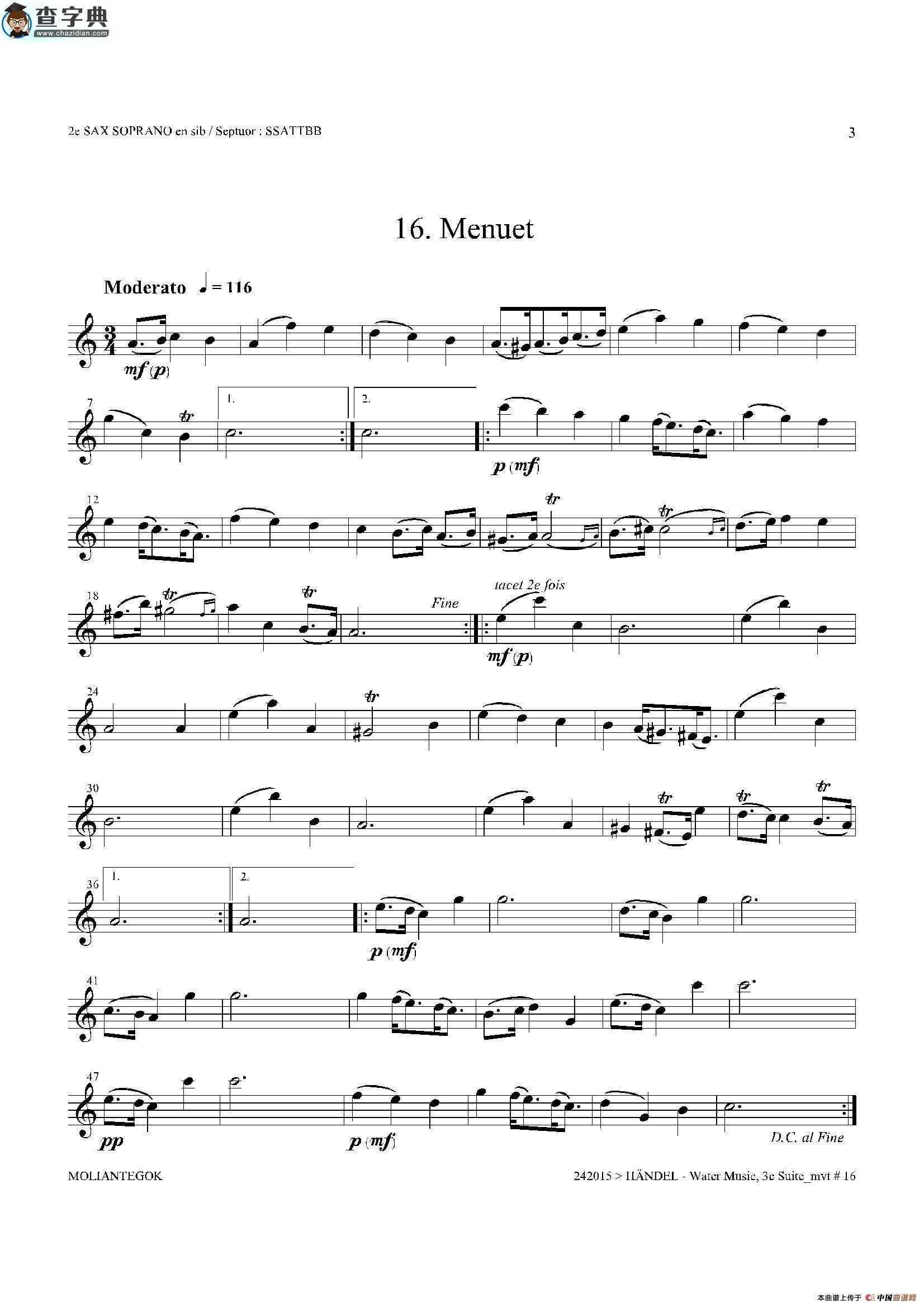 water music（hwv.350 no.3）（第二高音萨克斯）萨克斯谱