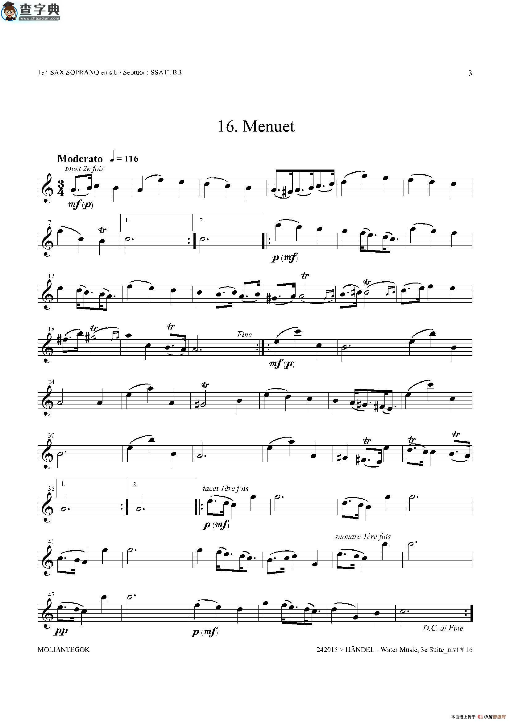 water music（hwv.350 no.3）（第一高音萨克斯）萨克斯谱