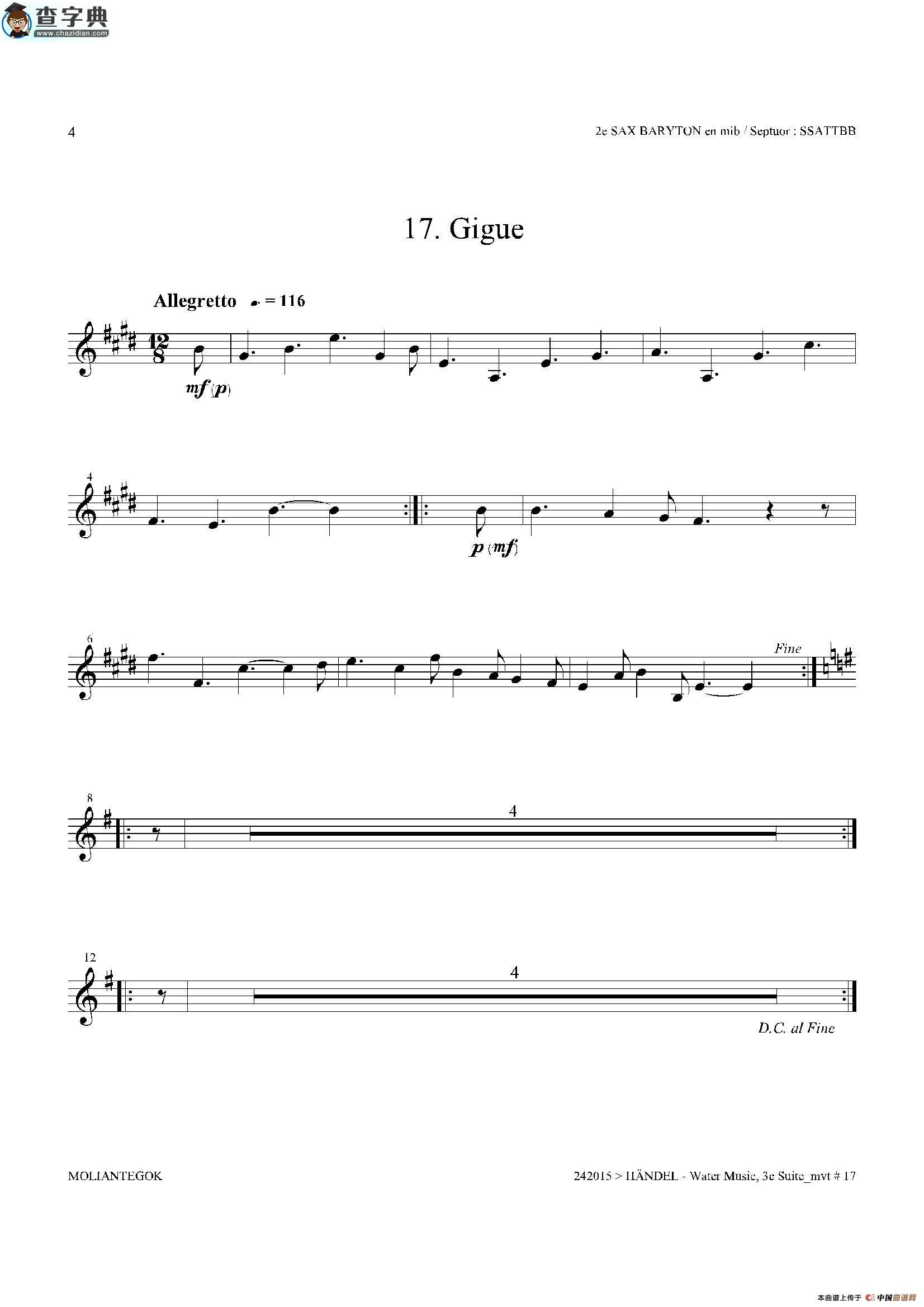 water music（hwv.350 no.3）（第二上低音萨克斯）萨克斯谱