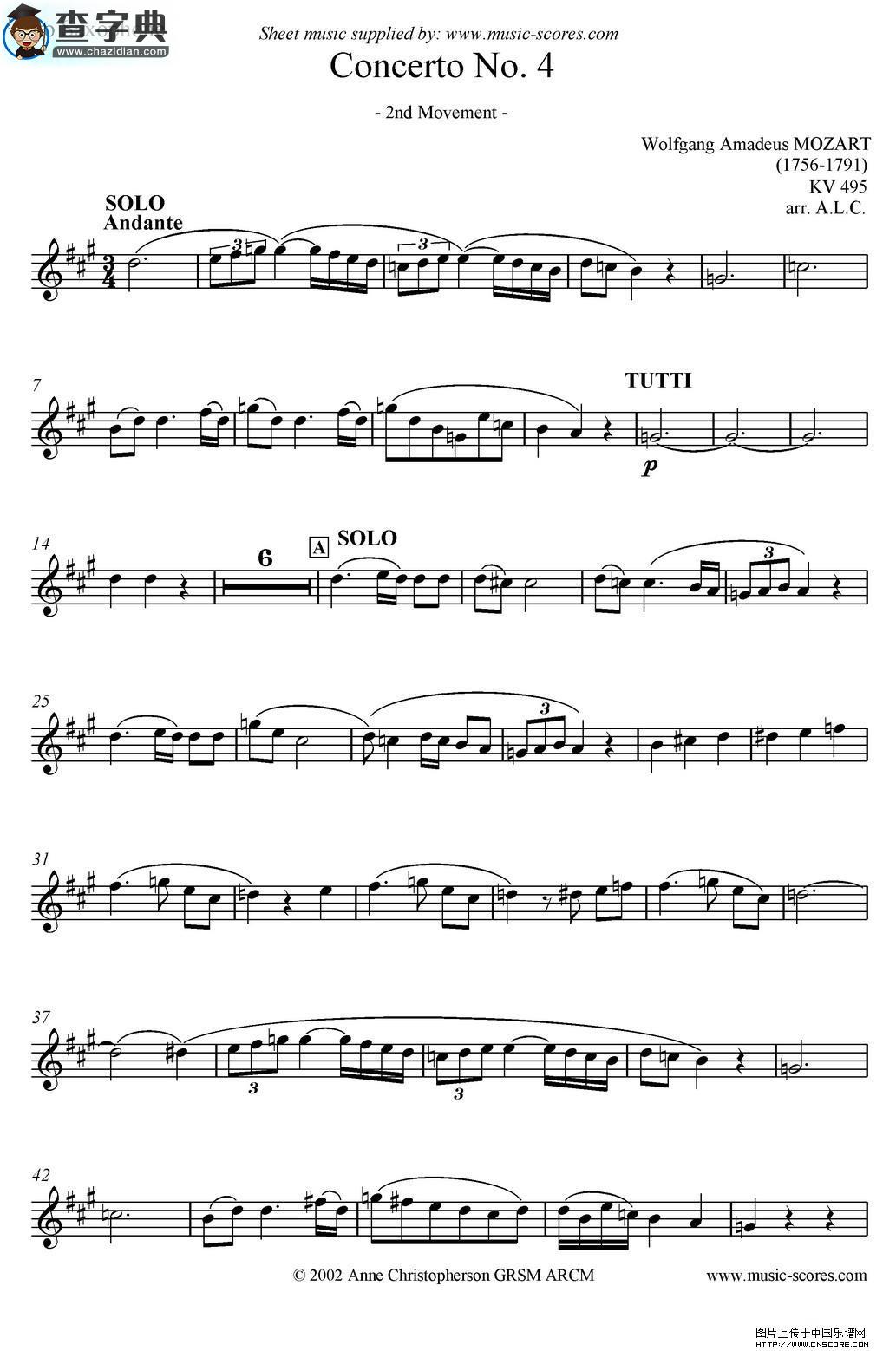 Mozart：Concerto KV495 No.4-2st萨克斯谱