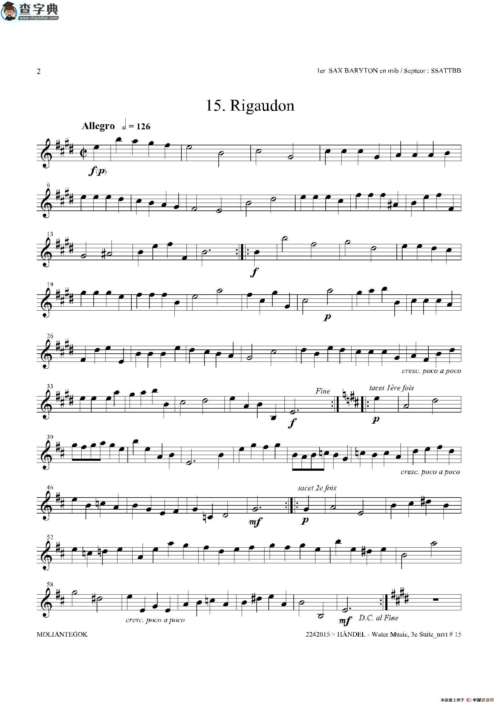 water music（hwv.350 no.3）（第一上低音萨克斯）萨克斯谱