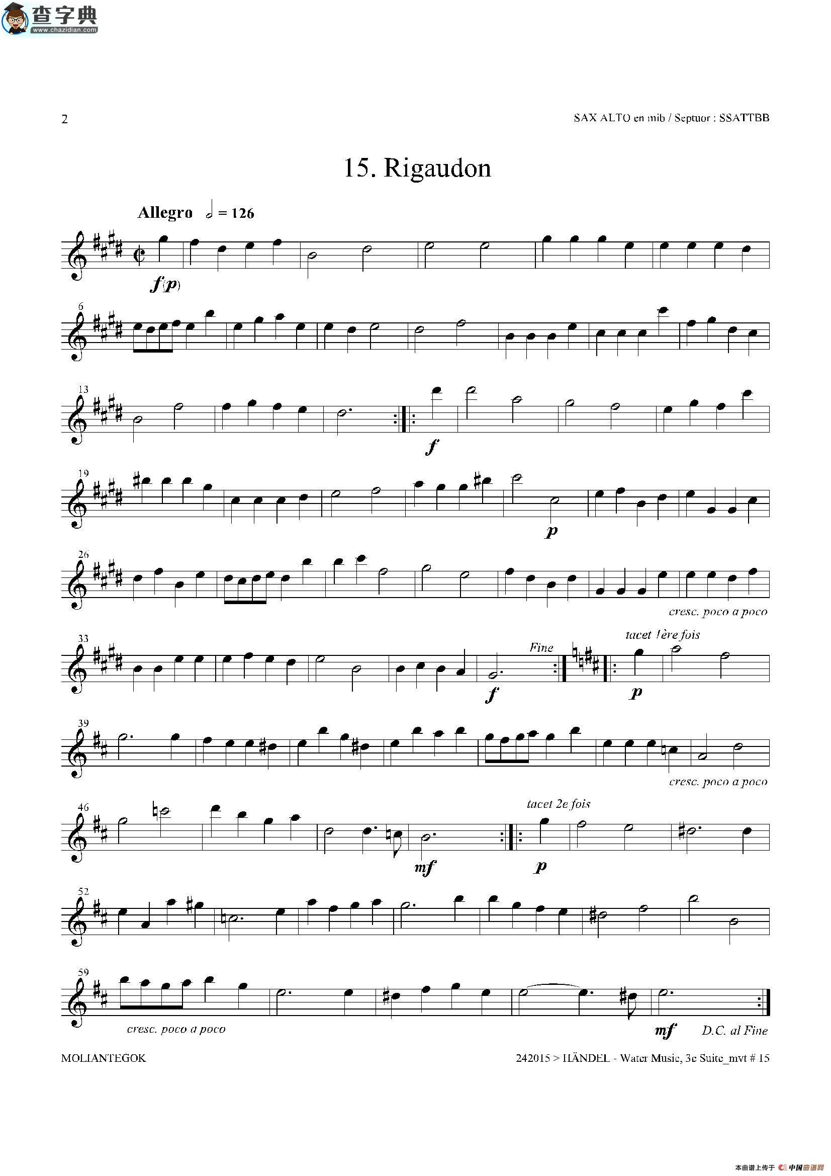 water music（hwv.350 no.3）（中音萨克斯）萨克斯谱